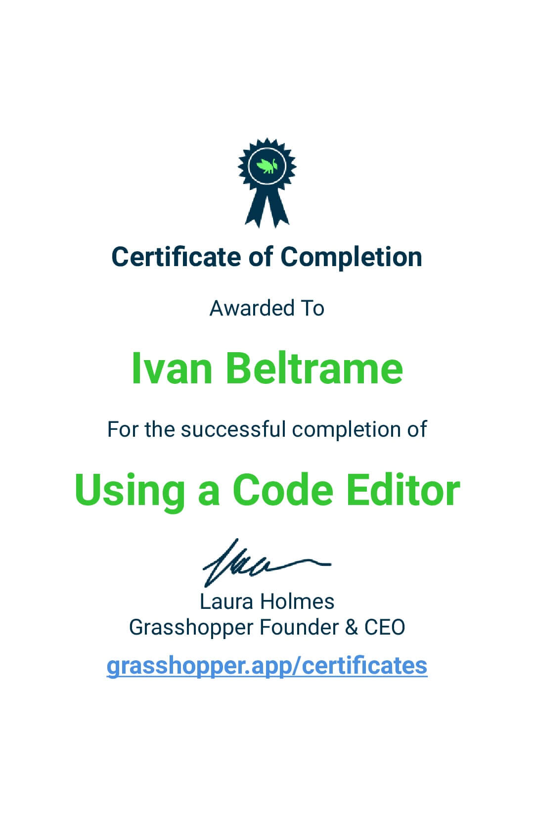 Certificato di code editor