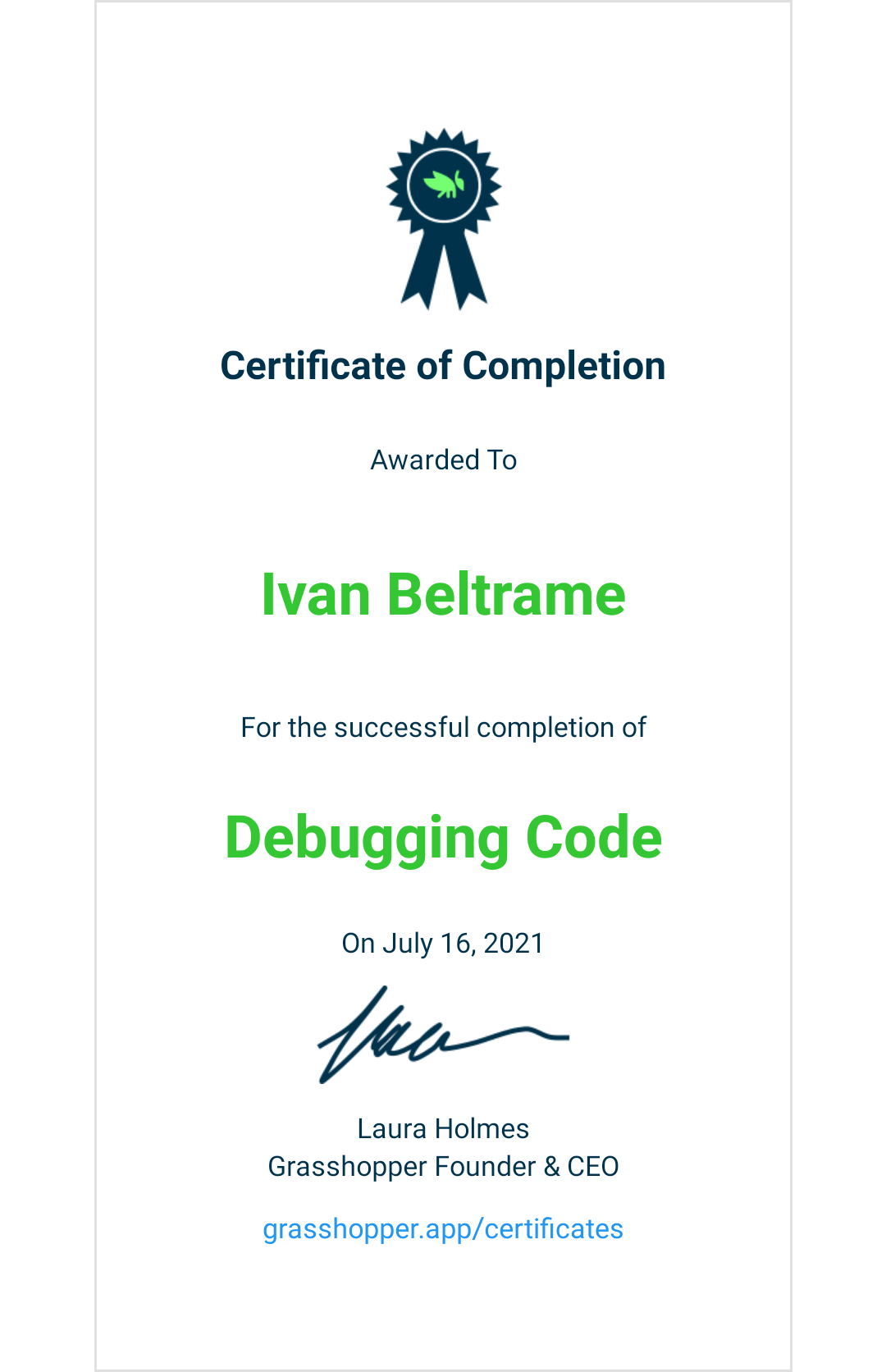 Certificato di debugging code