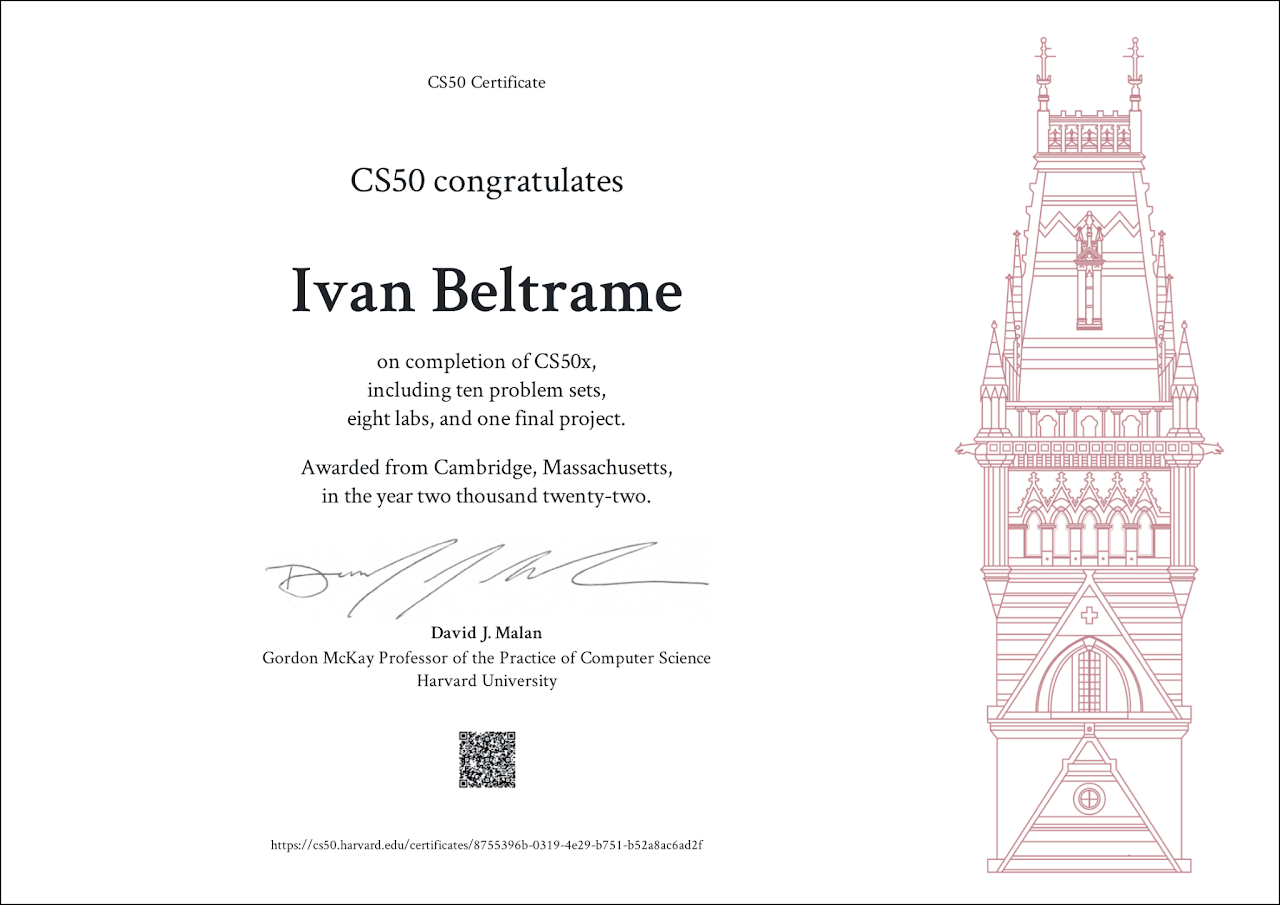 Certificato sulla introduzione alla computer scienza CS50